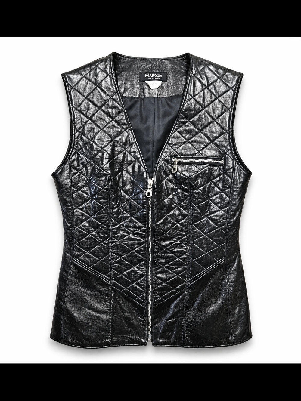 Vintage Marquis Black Leather Vest Quilted Moto Fitted Shiny Soft XS S